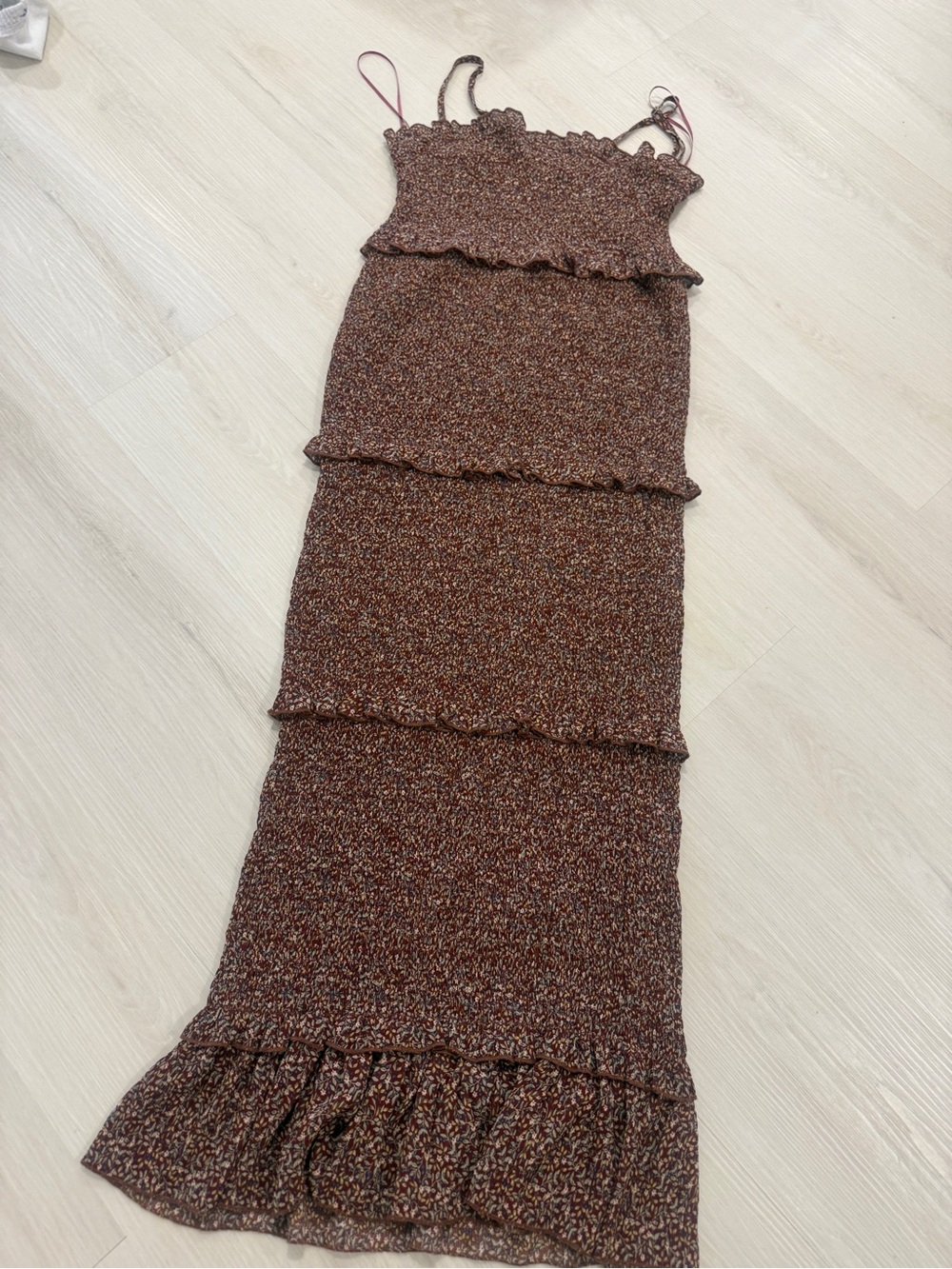 Brown Patterned Midi Dress with Ruffle Tiers